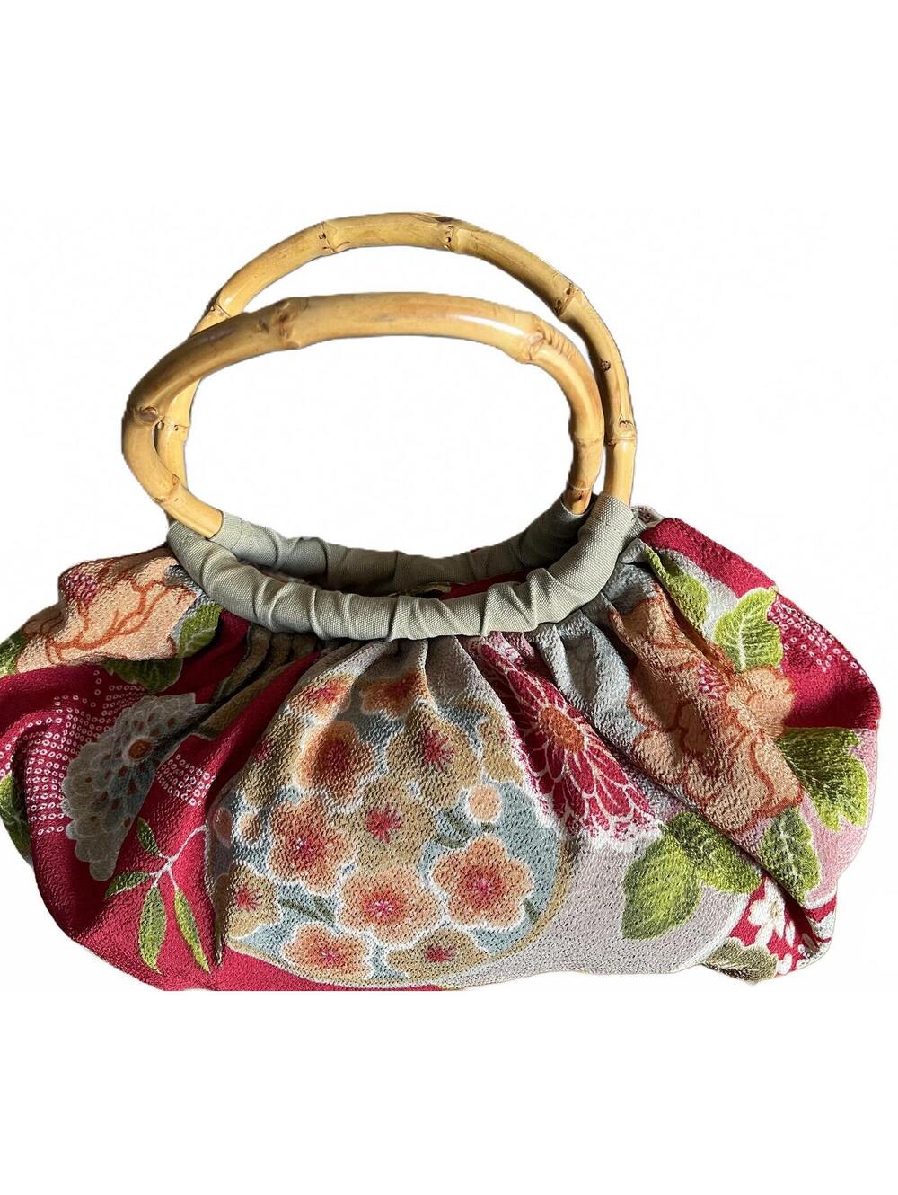 J Jill Vintage Floral Fabric Handbag with Bamboo Handles Lined Pre-Owned